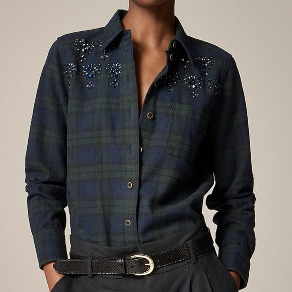 J. Crew Embellished shrunken button-up shirt in tartan brushed cotton Size 6 - Picture 1 of 10